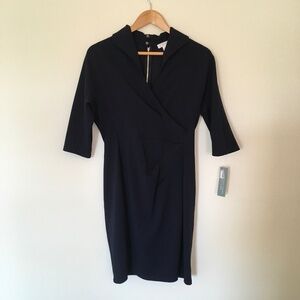 London Times Sz 10P Navy Blue Side Ruched Sheath Shirt Dress Exposed Zipper